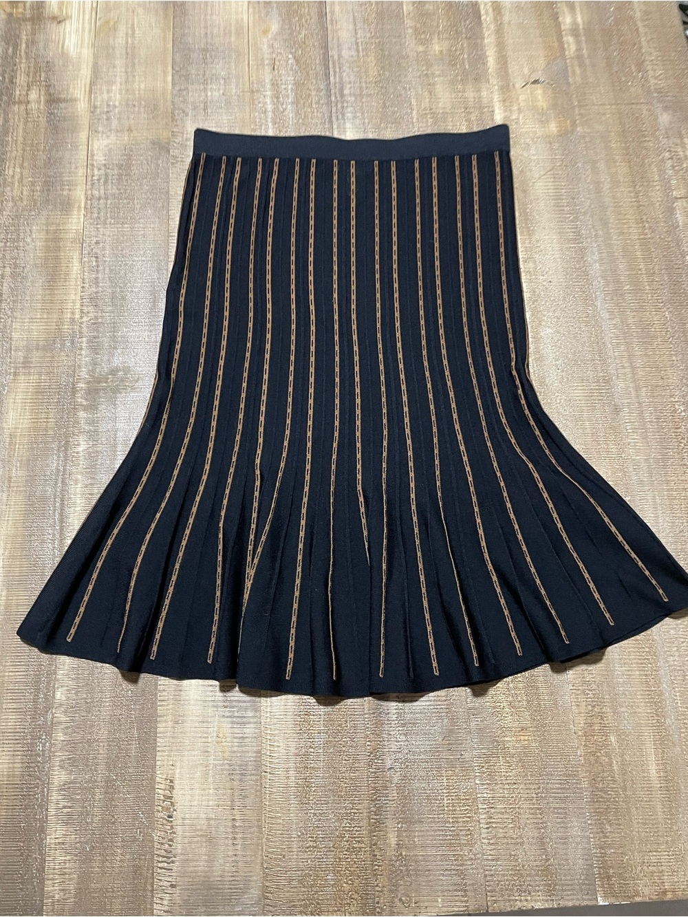 Misook Black Knit A-Line Skirt with Brown Vertical Stripes